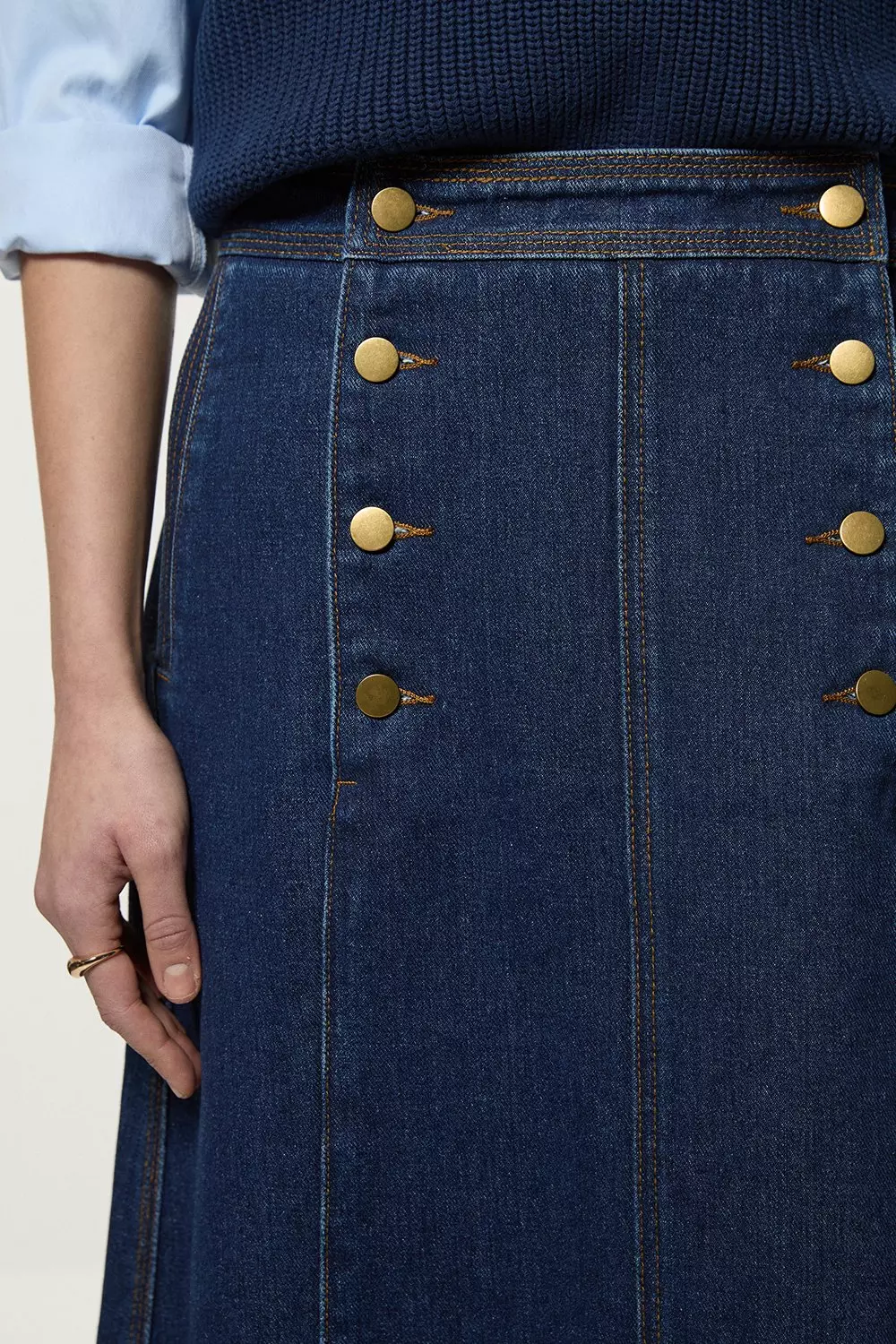 【KAREN MILLEN】デニムボタンフロントAラインミディスカート Denim Button Front A Line Midi Skirt | Karen Millen